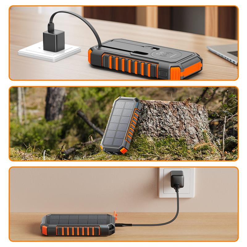 Solar Charger Power Bank, 27000Mah Wireless Portable Charger with Built in Cables, 22.5W Fast Charging Battery Pack, USB C PD 3.0 QC 4.0 Portable Power Bank for Iphone Samsung Etc.