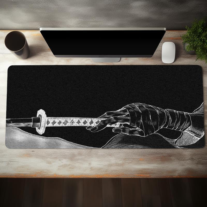Japanese Katana Pattern Mouse Pad, Rectangle Gaming Mouse Pad, Office Desk Keyboard Mat with Non-Slip Rubber Base Stitched Edge for Home Office Game