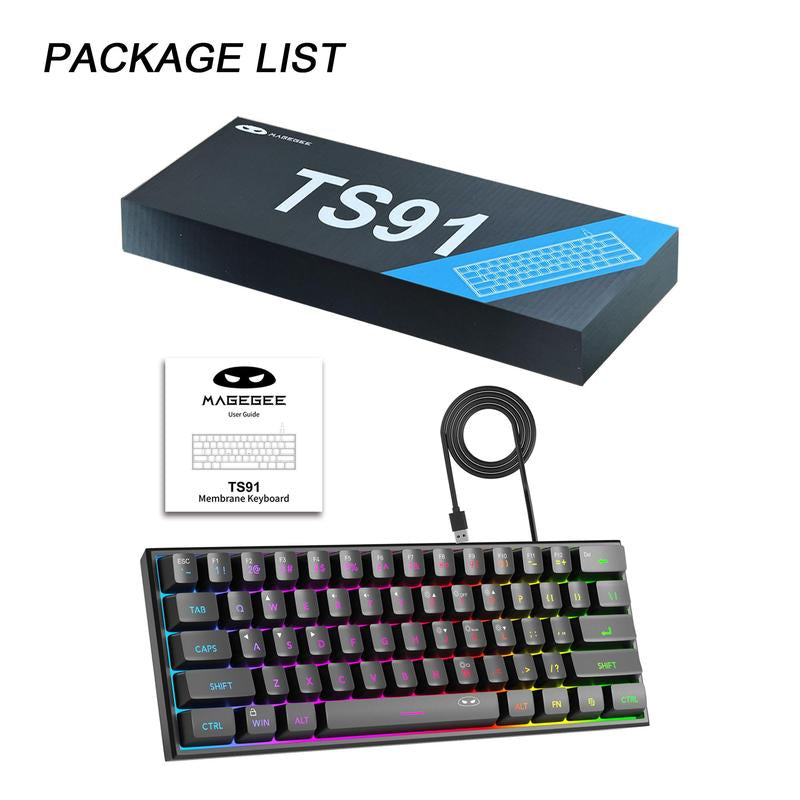 Magegee TS91 Mini 60% Gaming Keyboard, RGB Backlit 61 Key Ultra-Compact Membrane Keyboard, TS91 Ergonomic Waterproof Office Computer Keyboard for PC, MAC, PS4, Xbox ONE Gamer(Black)