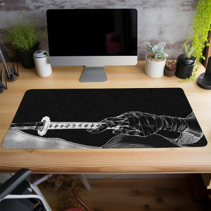 Japanese Katana Pattern Mouse Pad, Rectangle Gaming Mouse Pad, Office Desk Keyboard Mat with Non-Slip Rubber Base Stitched Edge for Home Office Game