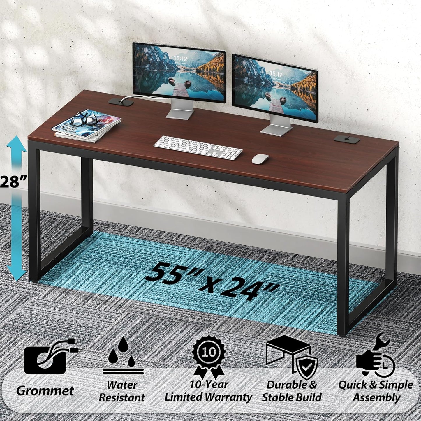 55-Inch Commercial-Grade Office Computer Desk, Cherry