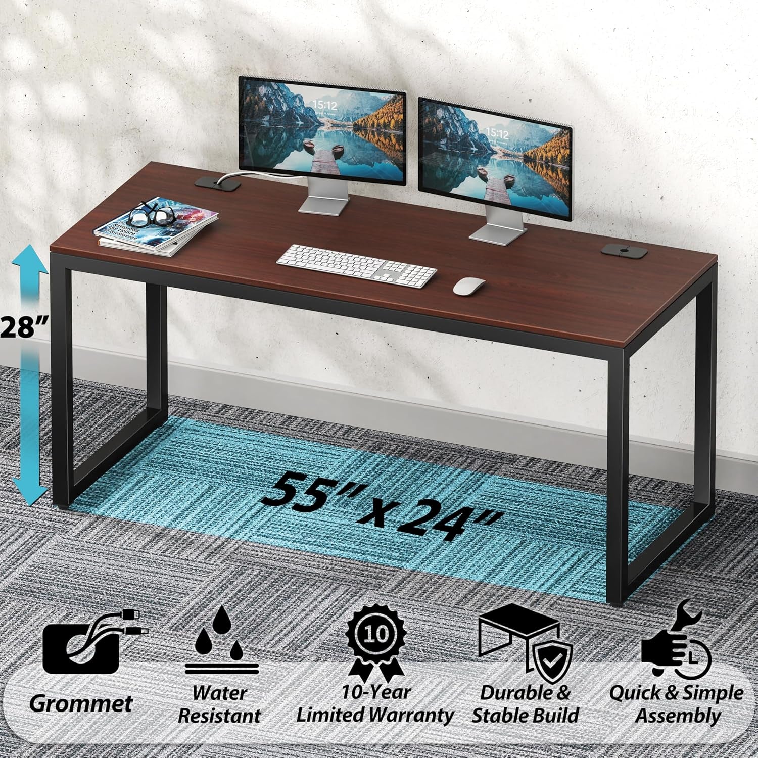 55-Inch Commercial-Grade Office Computer Desk, Cherry