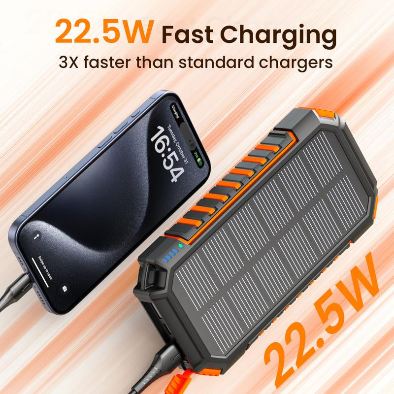 Solar Charger Power Bank, 27000Mah Wireless Portable Charger with Built in Cables, 22.5W Fast Charging Battery Pack, USB C PD 3.0 QC 4.0 Portable Power Bank for Iphone Samsung Etc.