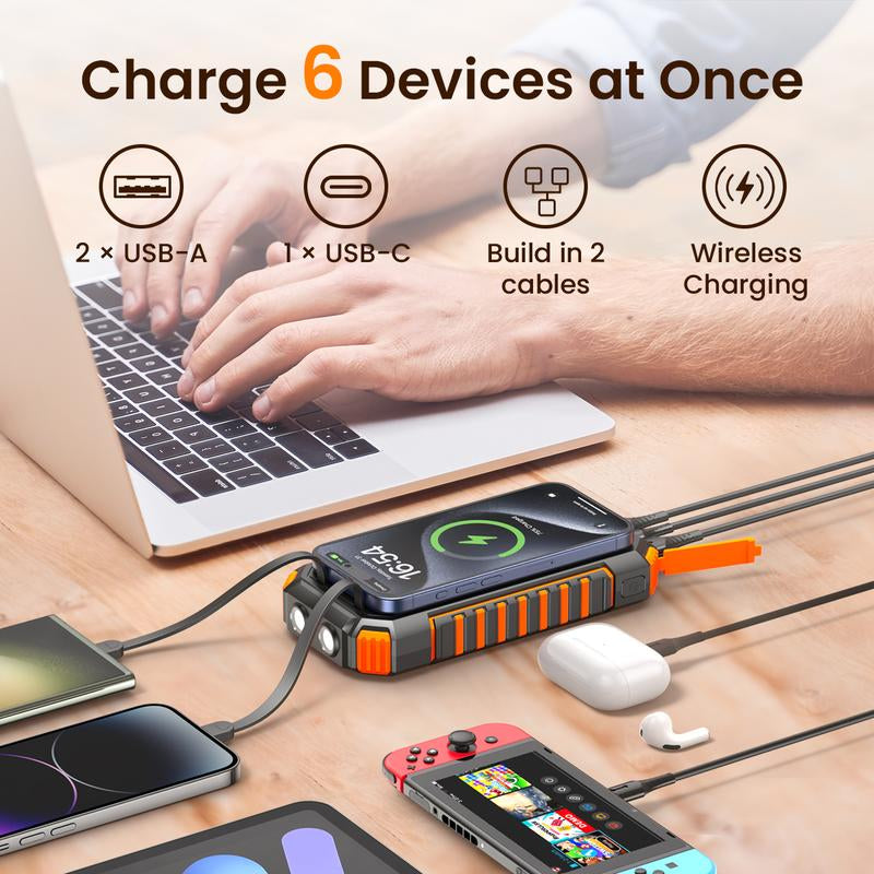 Solar Charger Power Bank, 27000Mah Wireless Portable Charger with Built in Cables, 22.5W Fast Charging Battery Pack, USB C PD 3.0 QC 4.0 Portable Power Bank for Iphone Samsung Etc.