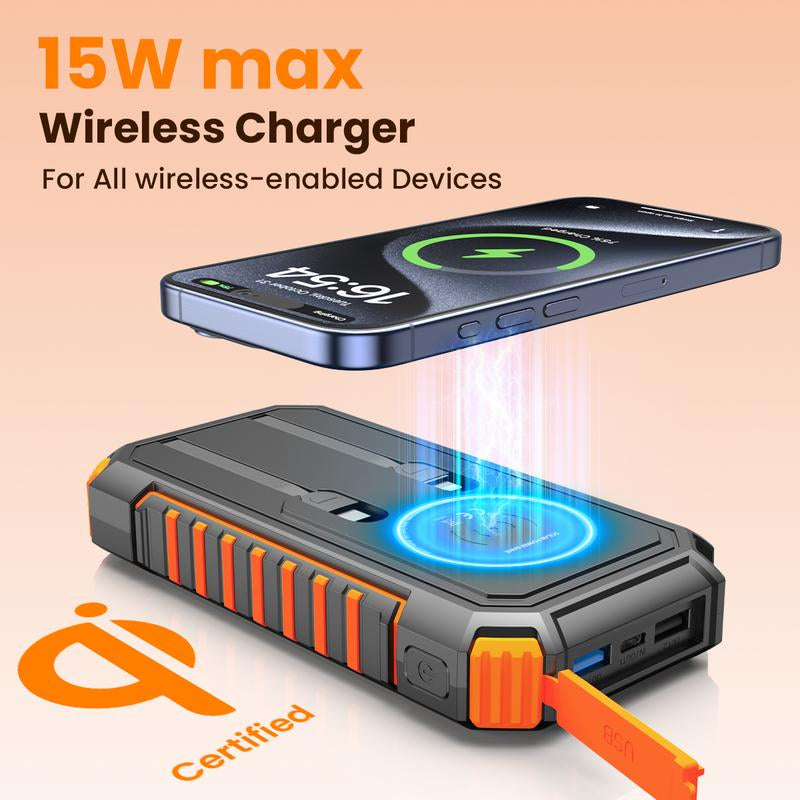 Solar Charger Power Bank, 27000Mah Wireless Portable Charger with Built in Cables, 22.5W Fast Charging Battery Pack, USB C PD 3.0 QC 4.0 Portable Power Bank for Iphone Samsung Etc.