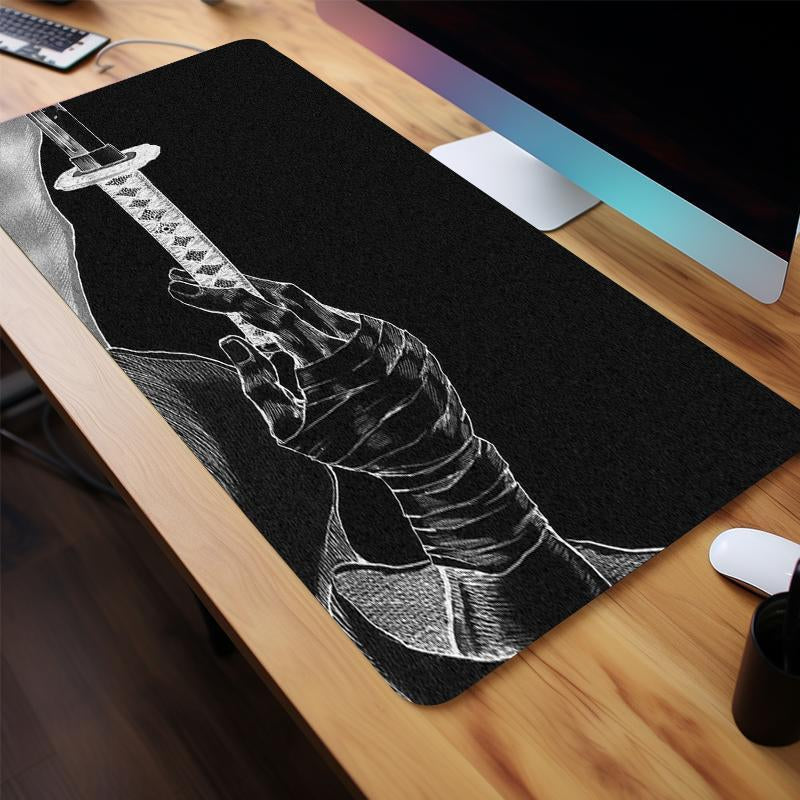 Japanese Katana Pattern Mouse Pad, Rectangle Gaming Mouse Pad, Office Desk Keyboard Mat with Non-Slip Rubber Base Stitched Edge for Home Office Game