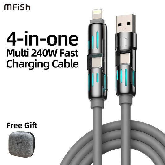 Mfish Armored Dragon I 4-in-1 Multi-Device 240W Fast Charging Super Liquid Silicone Cable with USB-A, Type-C, and Lightning Connectors for iPhone 17 and Samsung Laptops